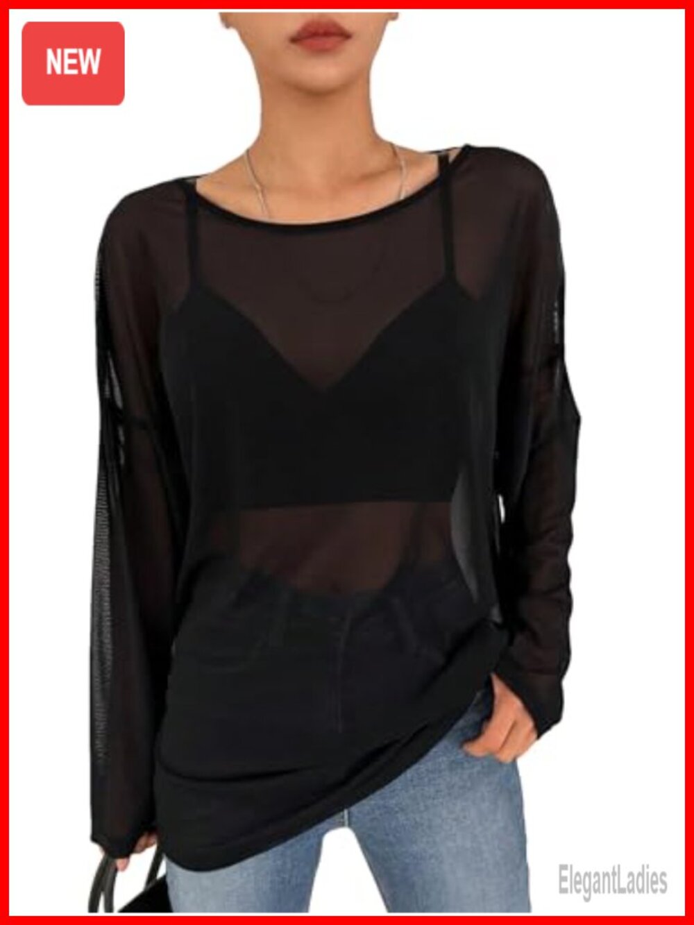 Women's Mesh Long Sleeve Sheer Oversized T-Shirt Boat Neck Top